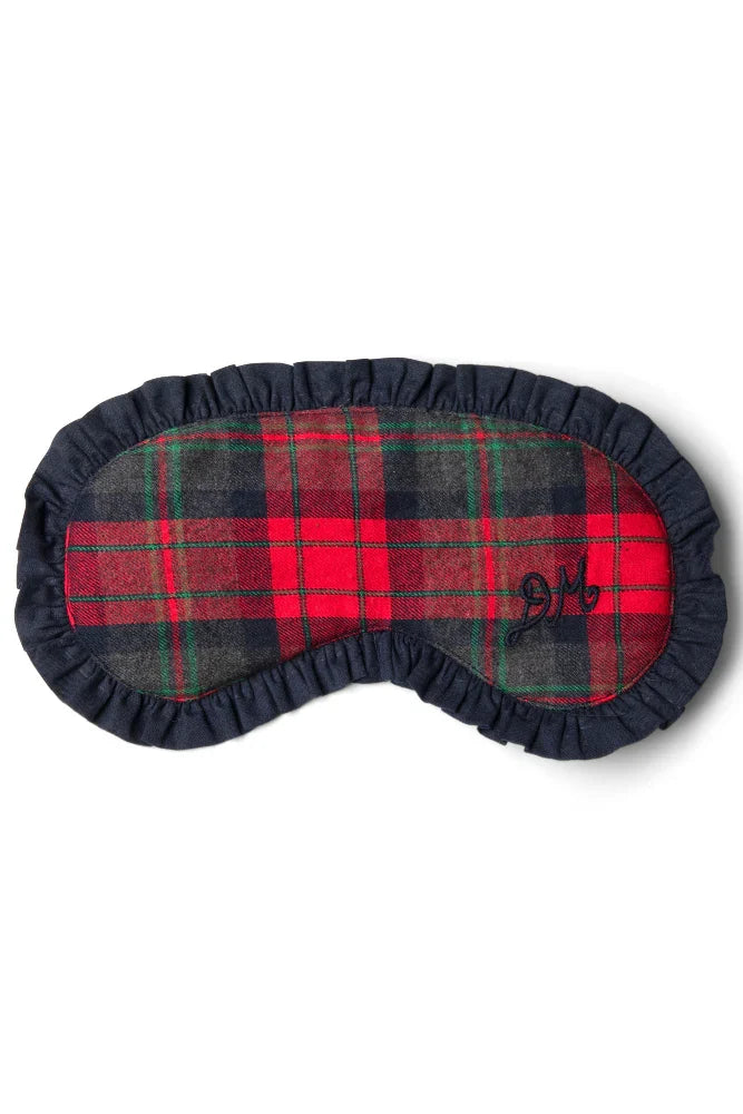 A Damson branded eye mask with a plaid pattern, featuring red and green colors and a black border.