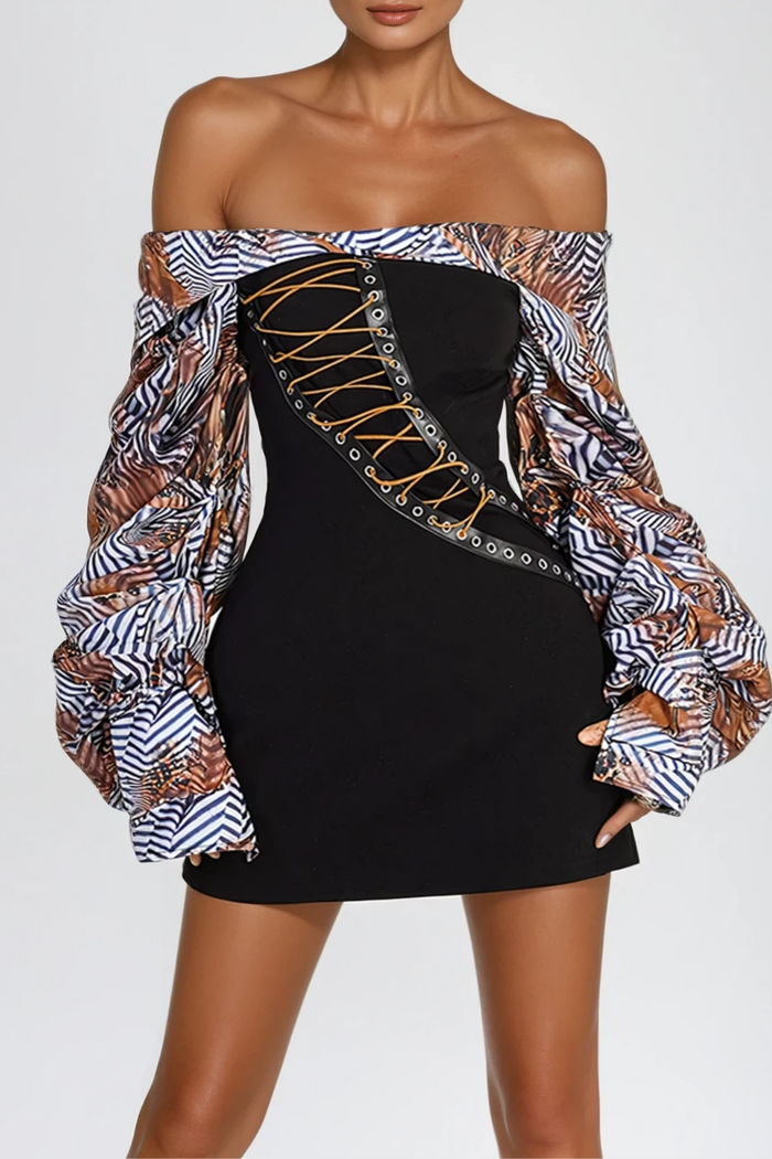 Faizel Off Shoulder Print Lace Up Mini Dress