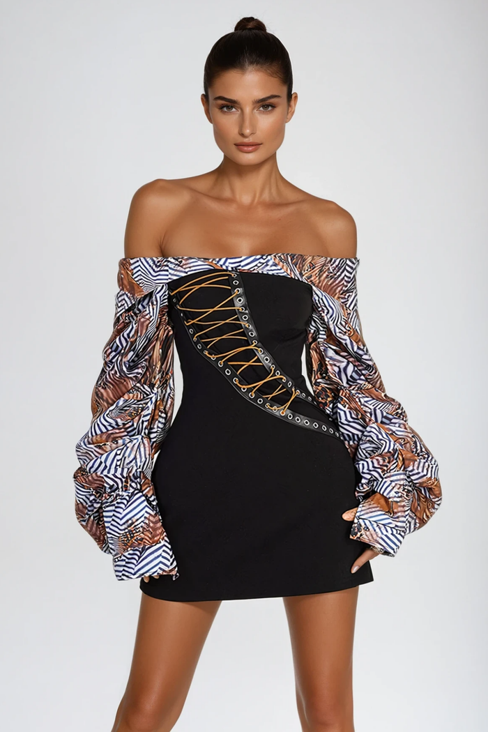 Faizel Off Shoulder Print Lace Up Mini Dress