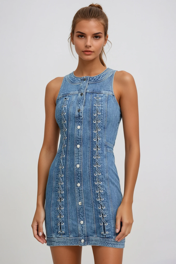 Fatemah Sleeveless Lace Up Denim Mini Dress
