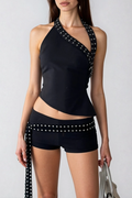 Fatjon Eyelet Halter Neck Asymmetric Pants Set