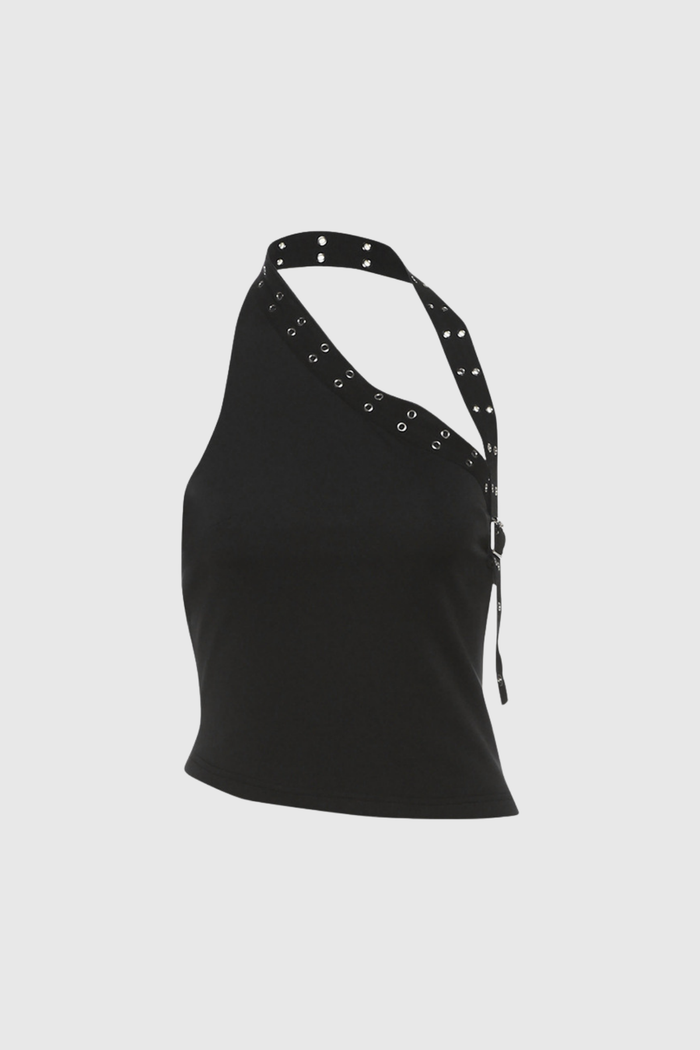 Fatjon Eyelet Halter Neck Asymmetric Pants Set