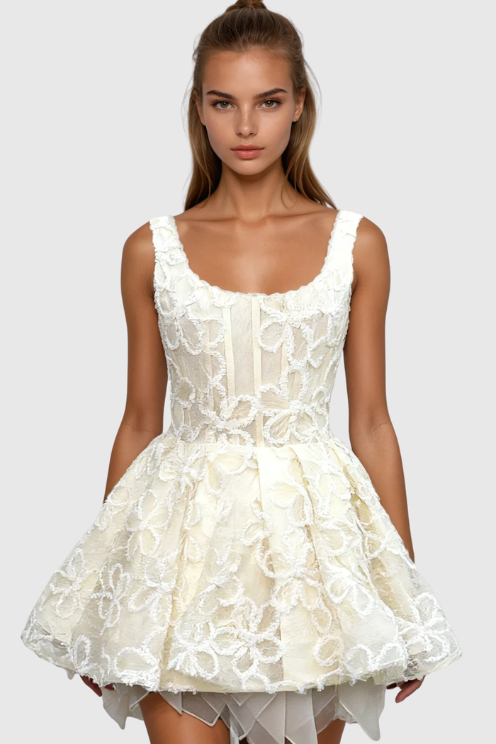 Fatmire Sequin Lace Puffy Mini Dress In White