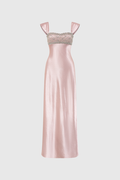 Fatos Sleeveless Rhinestone Satin Maxi Dress