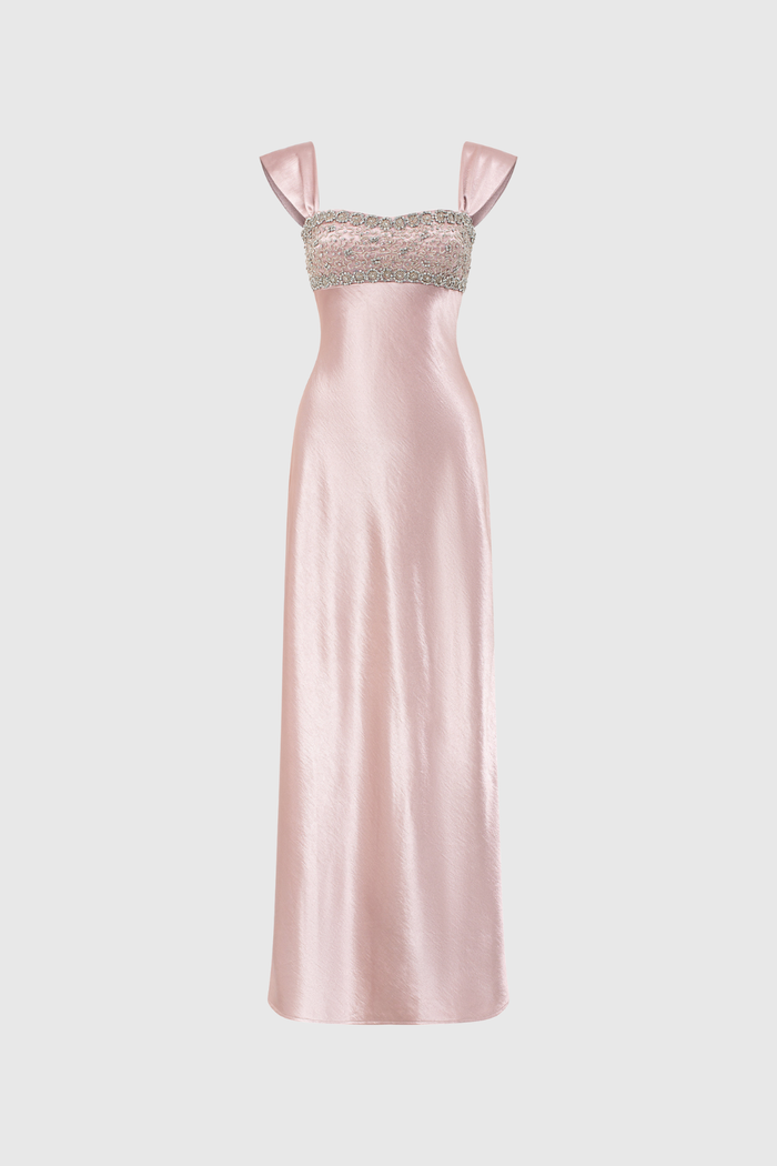 Fatos Sleeveless Rhinestone Satin Maxi Dress