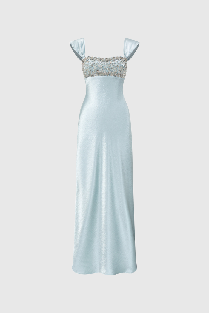 Fatos Sleeveless Rhinestone Satin Maxi Dress