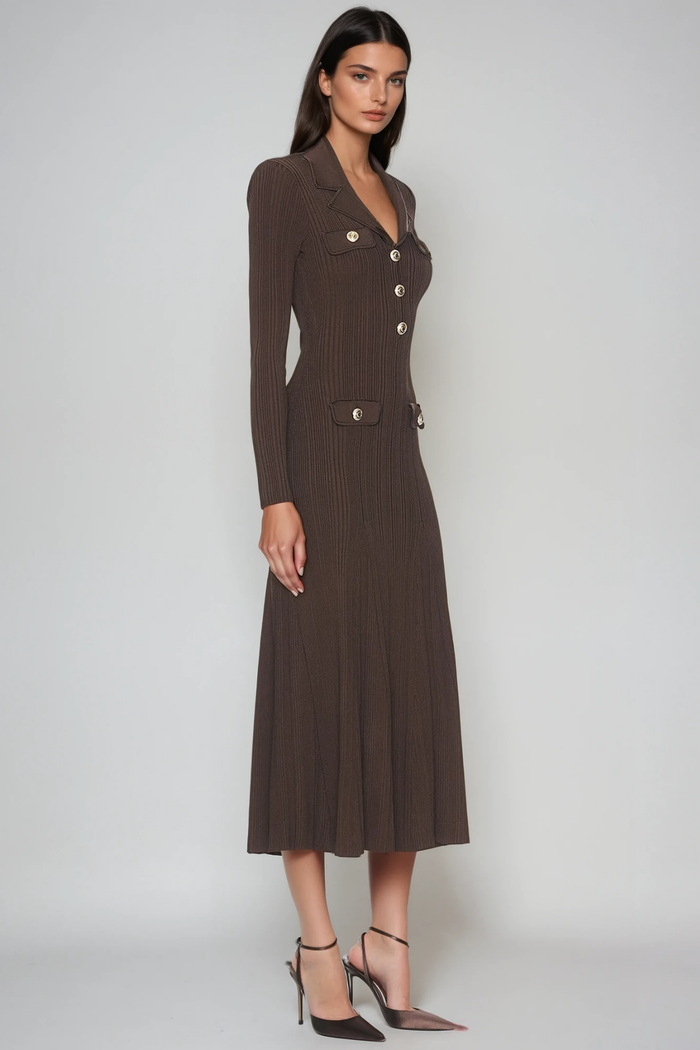 Faustin V Neck Button Knit Midi Dress