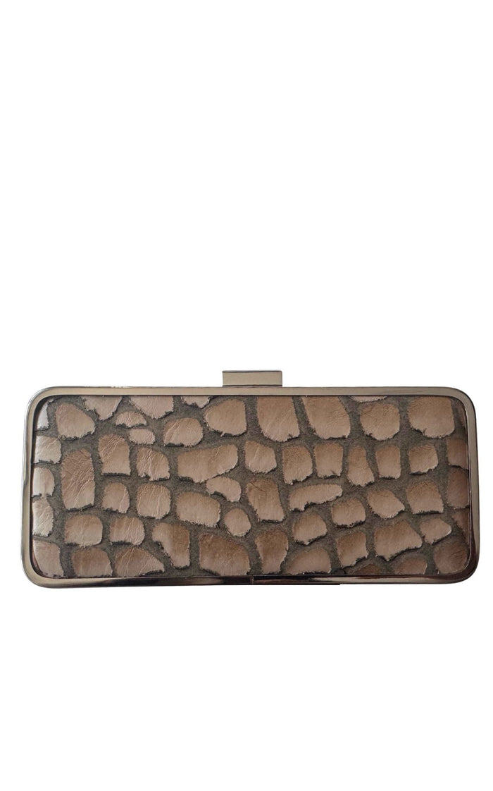 BCBG Max Azria faux leather croc-effect frame clutch in neutral beige with metallic frame