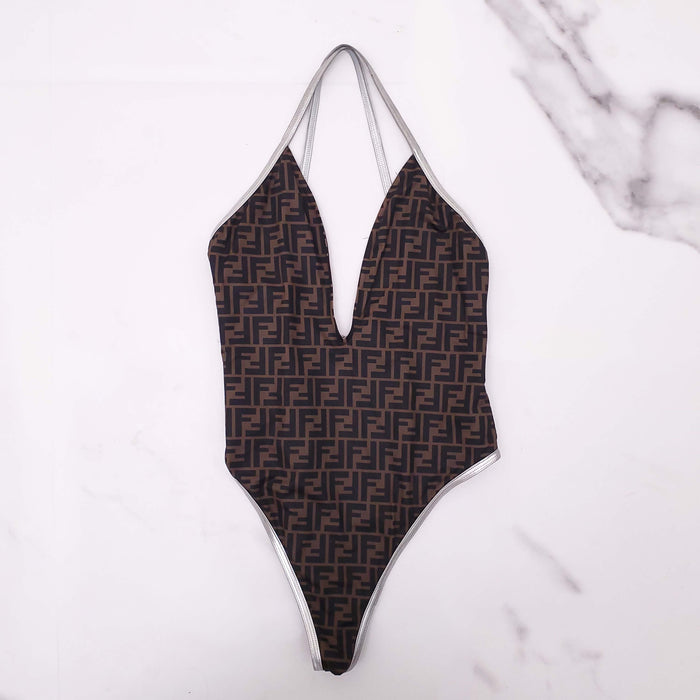 FENDI LOGO SWIMSUIT WITH SILVER DETAILS - SIZE 46
