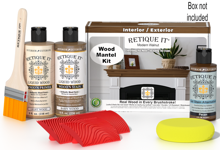 Retique It® Modern Walnut Wood Mantel Kit with primer, stains, brush, yellow sponge, red graining tools, and packaging.