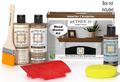 Retique It® Modern Walnut Wood Mantel Kit with primer, stains, brush, yellow sponge, red graining tools, and packaging.