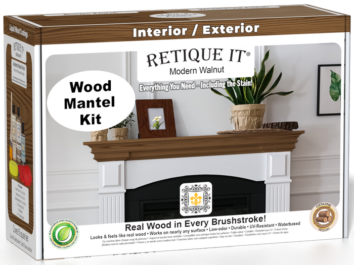 Retique It® Modern Walnut Wood Mantel Kit packaging featuring a wood-look fireplace mantel.