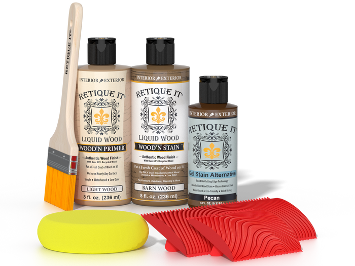 Retique It® Modern Walnut Wood Kit with primer, stains, brush, yellow sponge, and red graining tools.