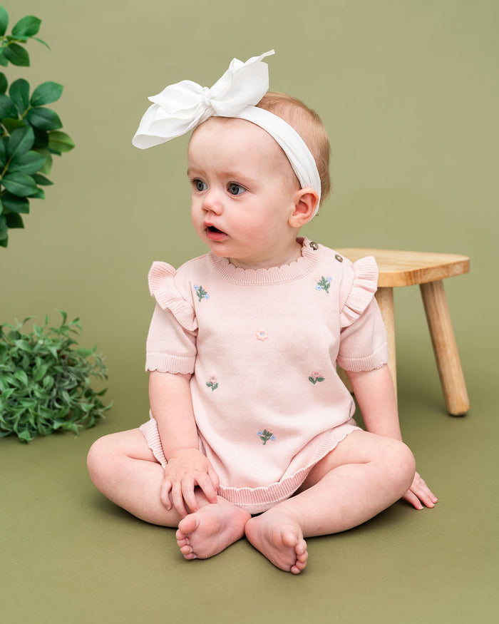 Floral Embroidered Short Sleeve Ruffle Dress (Organic Cotton) - Model