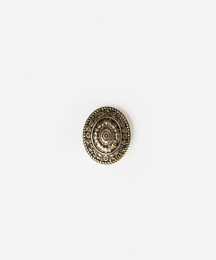 An oval-shaped antique bronze decorative button or cabochon with an embossed floral and rope border design, centered on a plain white background #color_gold