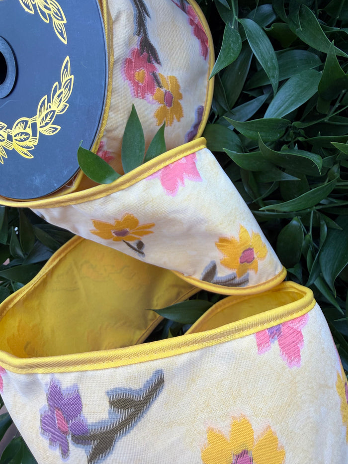 FLORAL SHEER JACQ/FUSED TAFFETA/PIPING 4"x10YD MUSTARD HEAVY WIRED RIBBON