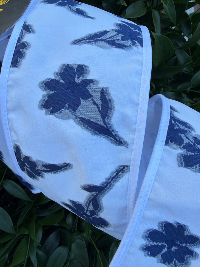 FLORAL SHEER JACQ/FUSED TAFFETA/PIPING 4"x10YD NAVY/WHITE HEAVY WIRED RIBBON