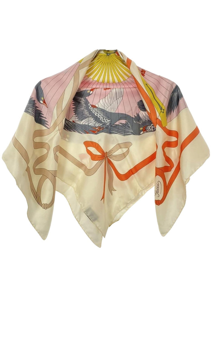 Gucci Fly Swan print silk carré scarf with pink fan motif