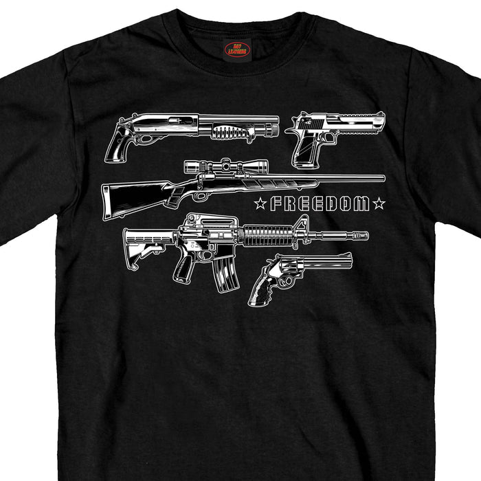 Freedom Guns Shirt: Description
This official T-Shirt displays a screen printed image of a variety of pistols and rifles on a