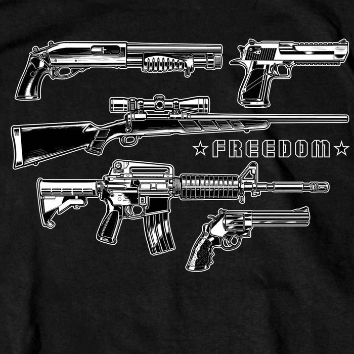 Freedom Guns Shirt: Description
This official T-Shirt displays a screen printed image of a variety of pistols and rifles on a