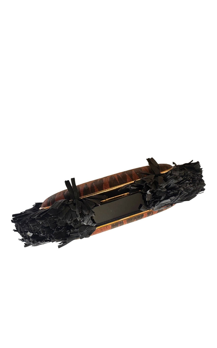BCBG Max Azria tiger-print satin fringed clutch front view