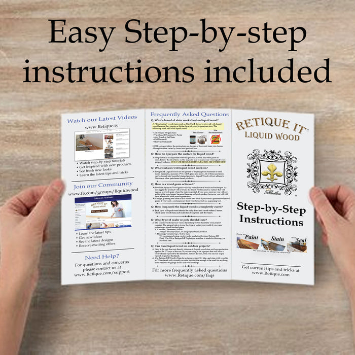 Retique It Black Walnut Gel Stain in a booklet with hands holding it, showing application instructions for wood staining.