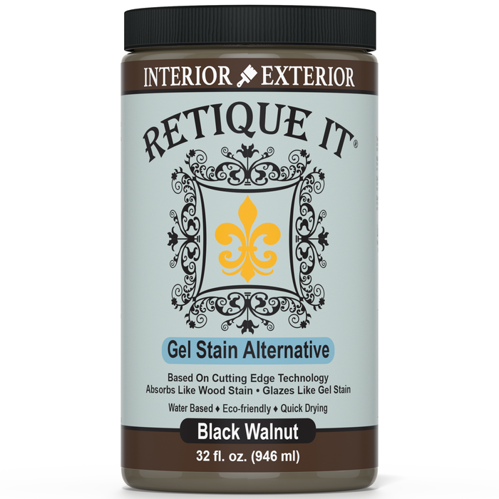 Retique It Gel Stain in Black Walnut, a smooth, dark wood stain applied to a surface for a rich, natural finish.
