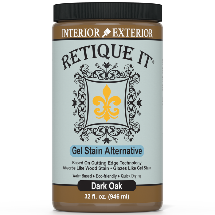 Retique It Gel Stain in Dark Oak showing a smooth wood surface stained with rich dark oak finish