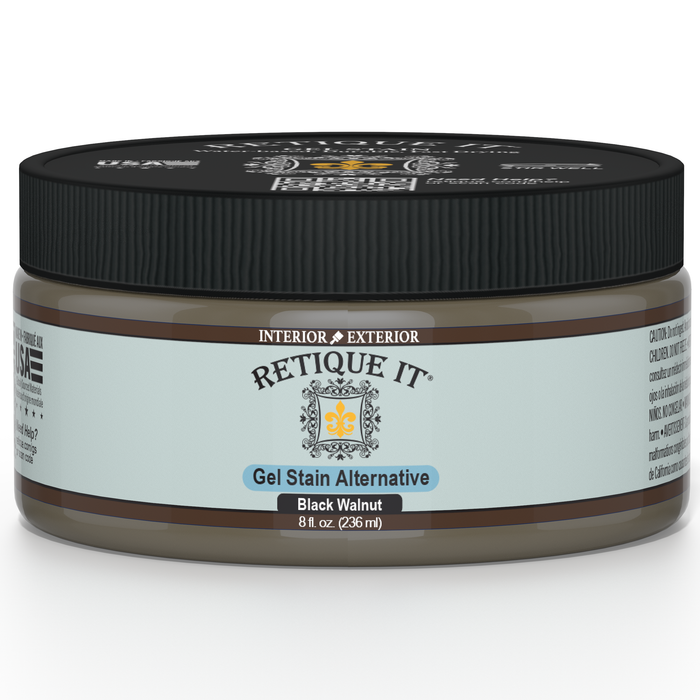 Retique It Black Walnut gel stain applied to wood, showcasing rich, dark color and smooth finish for furniture or cabinetry.
