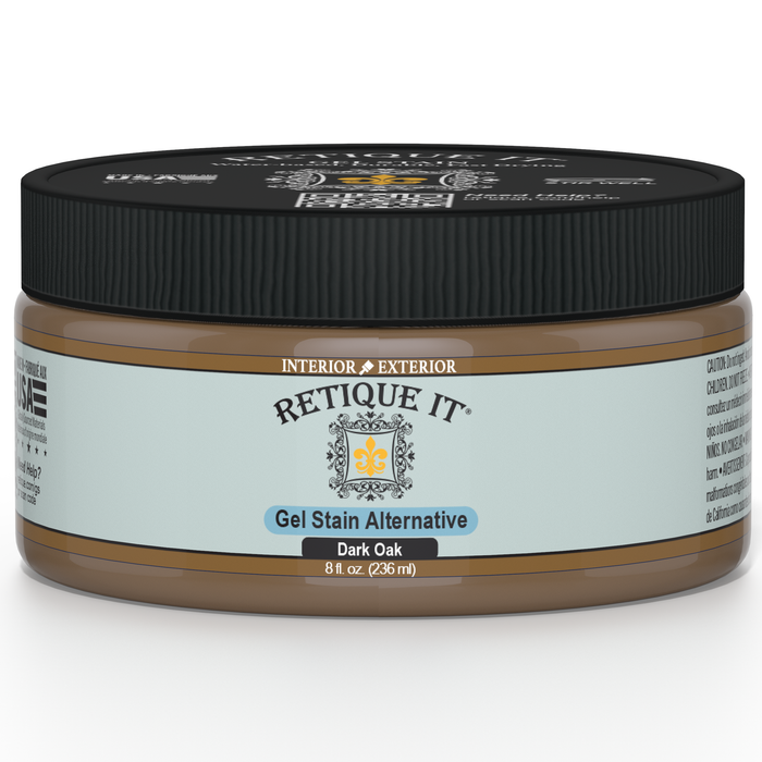 Retique It Gel Stain in Dark Oak showcasing a smooth, rich wood finish on a sample surface.