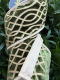 GEO LOOPED EMBR SHELDON VELVET/DUPION FUSED/PIPING 4"X5YD GREEN HEAVY WIRED RIBBON