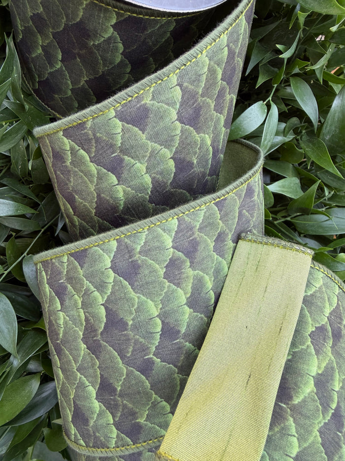 GINGKO LEAF DIGI PRINT/DUPION FUSED BACK 4"x10YD GREEN HEAVY WIRED RIBBON