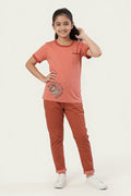 Girls Premium Peach Butterfly Printed T-Shirt & Rust Trouser Set
