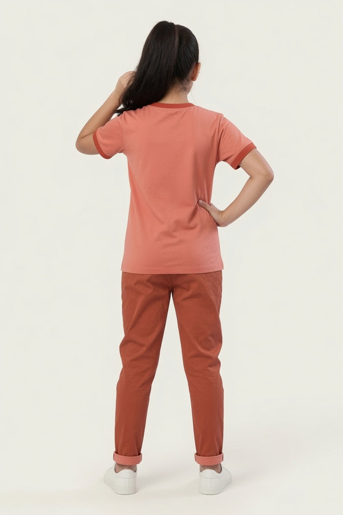 Girls Premium Peach Butterfly Printed T-Shirt & Rust Trouser Set