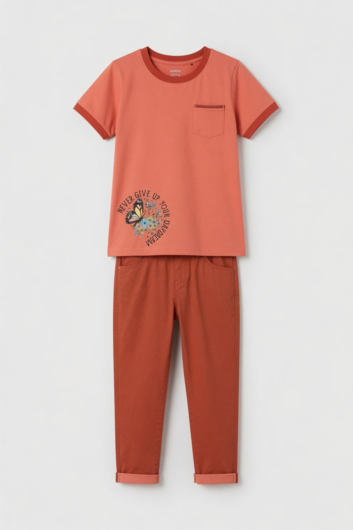 Girls Premium Peach Butterfly Printed T-Shirt & Rust Trouser Set