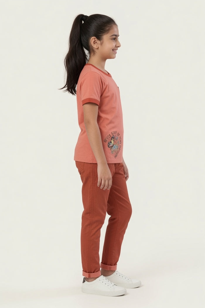 Girls Premium Peach Butterfly Printed T-Shirt & Rust Trouser Set