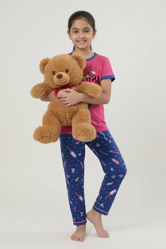 Girls Premium Pink BANG Cartoon Printed T-Shirt & Blue Printed Trouser Set