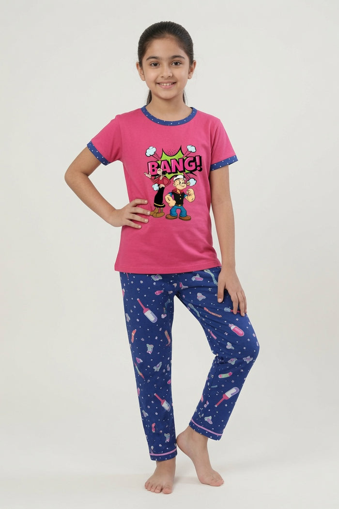 Girls Premium Pink BANG Cartoon Printed T-Shirt & Blue Printed Trouser Set