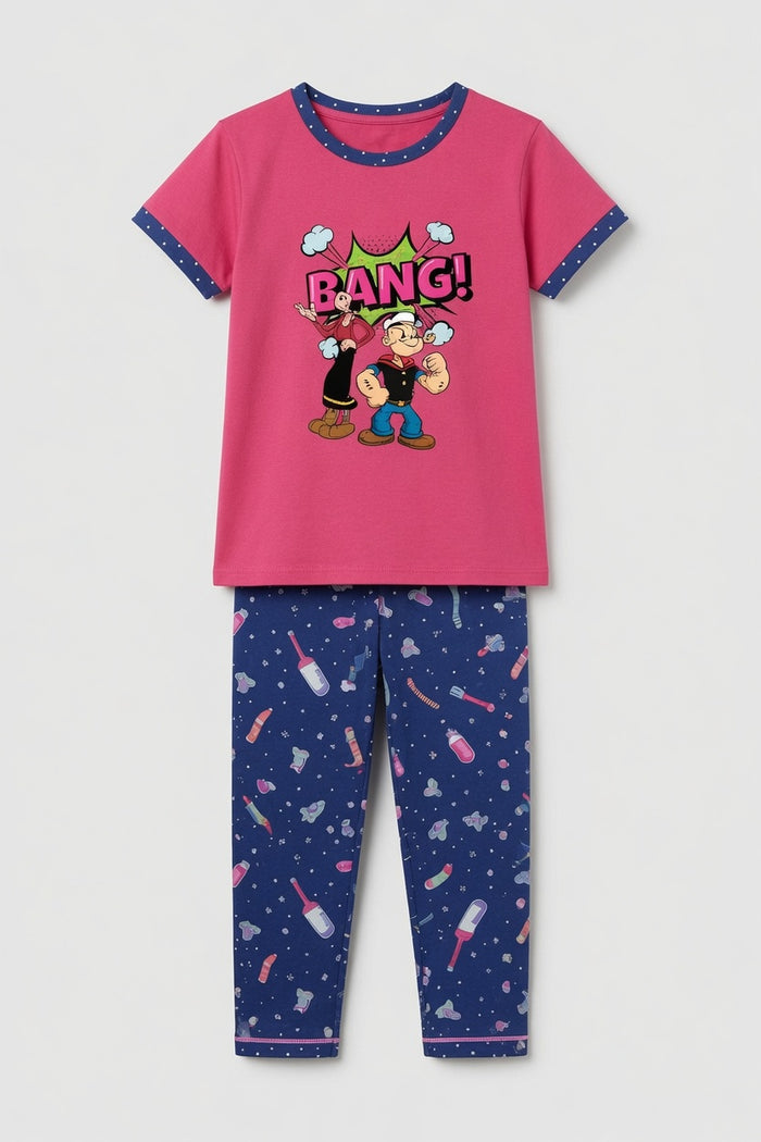 Girls Premium Pink BANG Cartoon Printed T-Shirt & Blue Printed Trouser Set