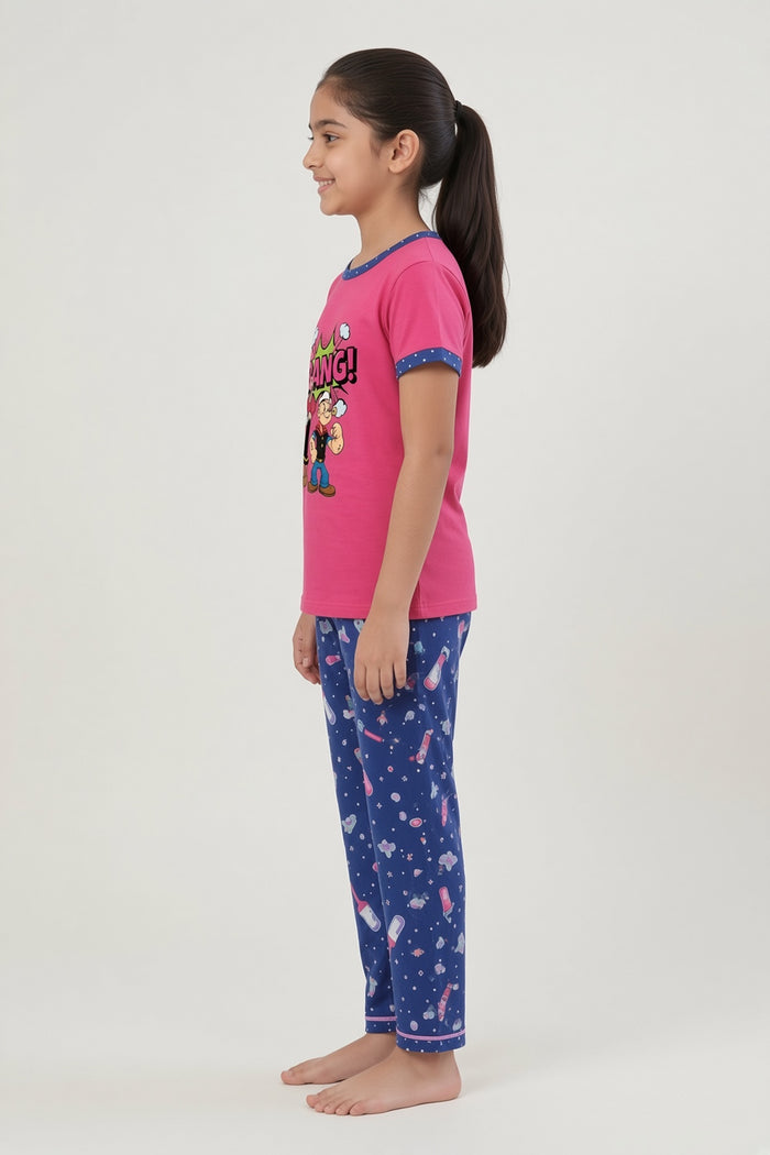 Girls Premium Pink BANG Cartoon Printed T-Shirt & Blue Printed Trouser Set