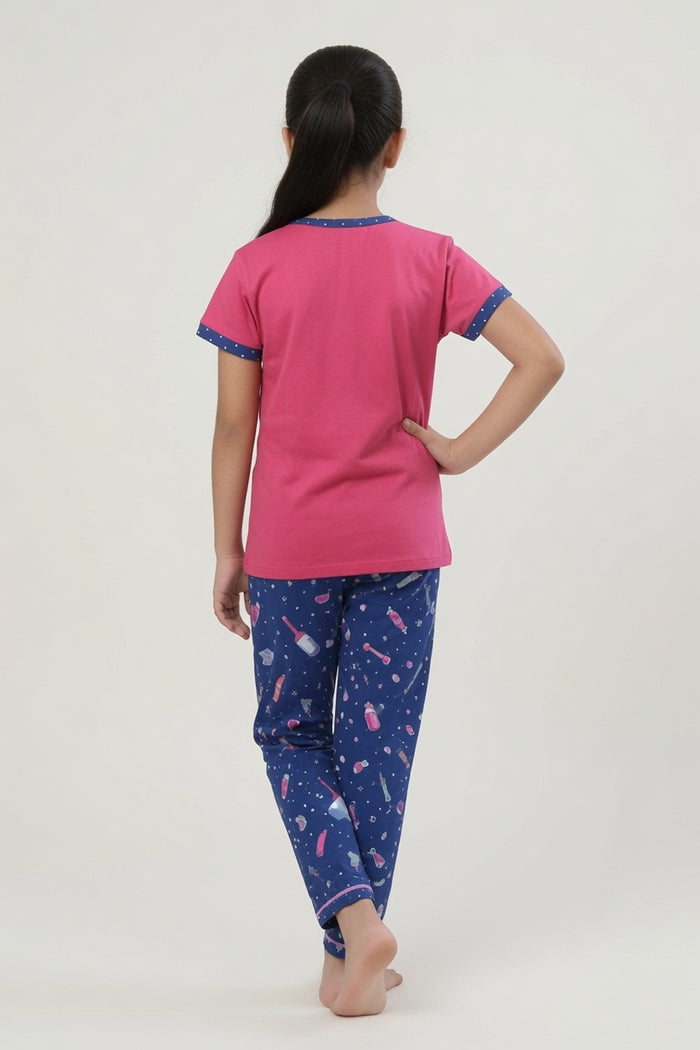Girls Premium Pink BANG Cartoon Printed T-Shirt & Blue Printed Trouser Set
