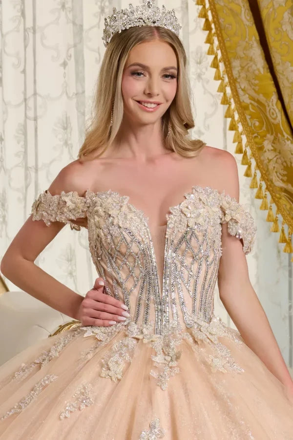 Glitter Netting V-Neckline Quinceanera Dress by Elizabeth K - GL3630