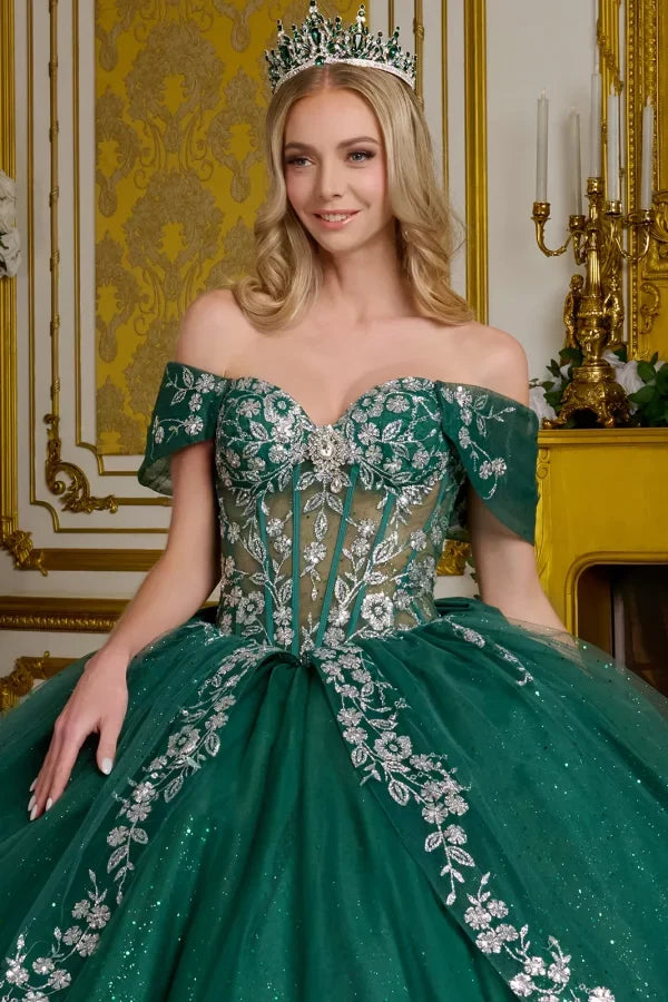 Glitter V-Neckline Tulle Quinceanera Dress by Elizabeth K - GL3636