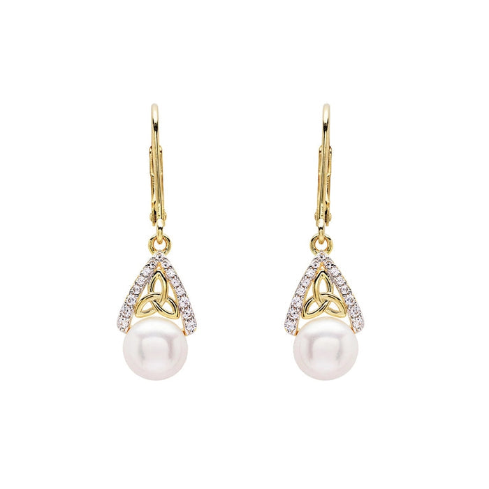 Gold Vermeil Drop Pearl Celtic Trinity Knot Earrings
