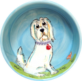 LABRADOODLE OR GOLDEN DOODLE WITH HEART COLLAR SITTING IN GARDEN WITH BONE HAND PAINTED ON CERAMIC FOOD OR WATER BOWL FOR PETS PERSONALIZED WITH PET NAME OR CUSTOMIZE WITH WHIMSICAL PET PORTRAIT HAND PAINTED BY DEBBY CARMAN