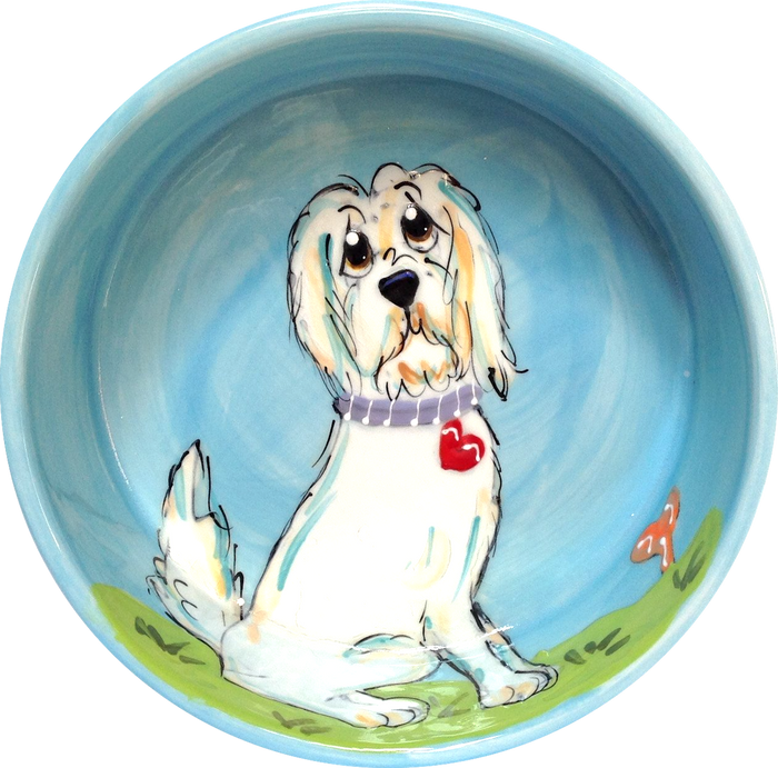 LABRADOODLE OR GOLDEN DOODLE WITH HEART COLLAR SITTING IN GARDEN WITH BONE HAND PAINTED ON CERAMIC FOOD OR WATER BOWL FOR PETS PERSONALIZED WITH PET NAME OR CUSTOMIZE WITH WHIMSICAL PET PORTRAIT HAND PAINTED BY DEBBY CARMAN