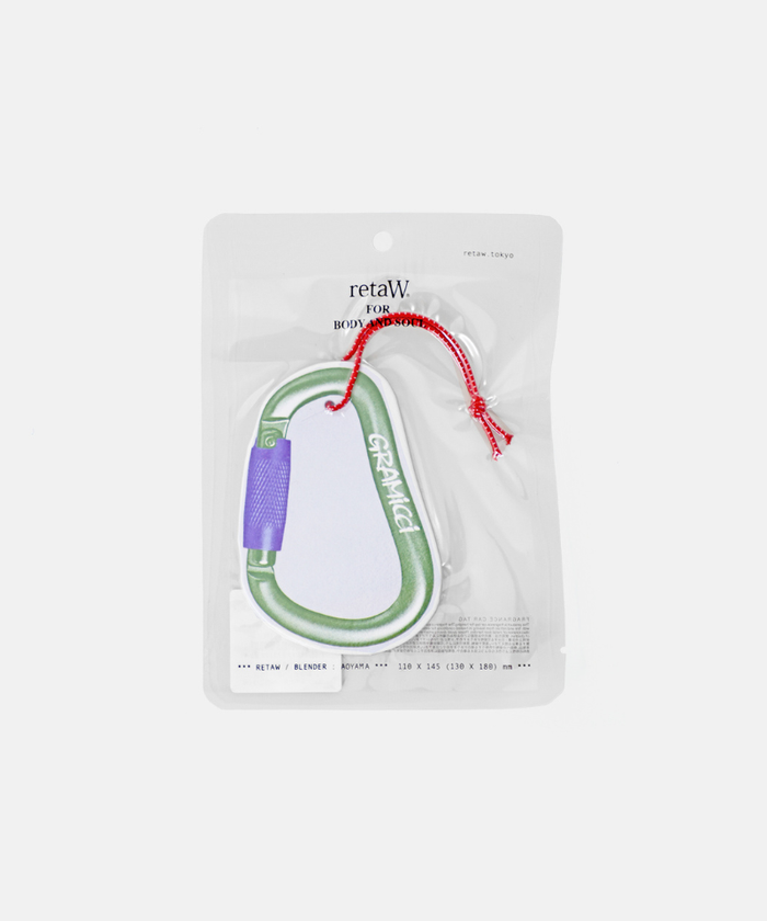 Olive Gramicci & retaW Carabiner Car Tag air freshener in clear packaging against a light-tone background.