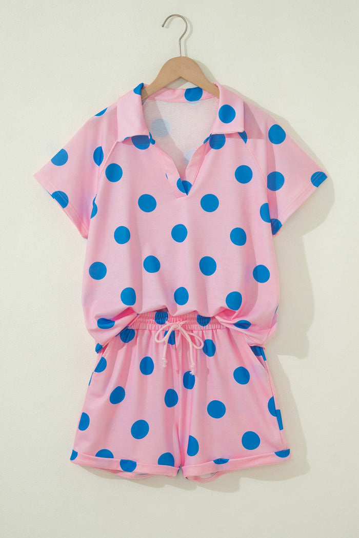 Green Polka Dot Print V Neck Tee Short Set