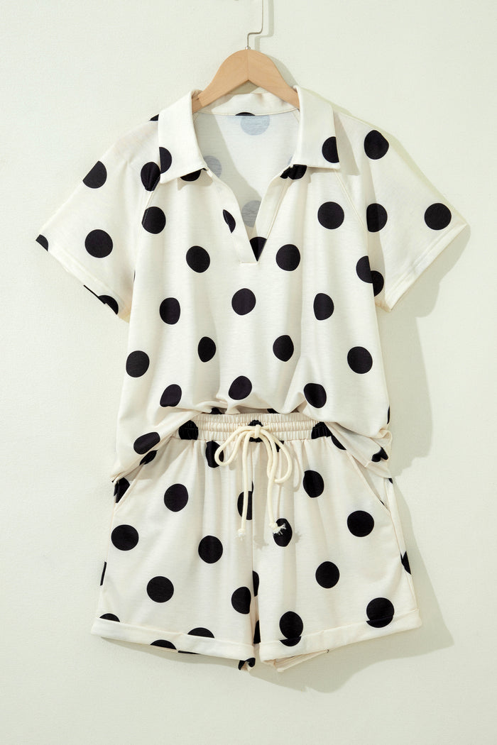 Green Polka Dot Print V Neck Tee Short Set