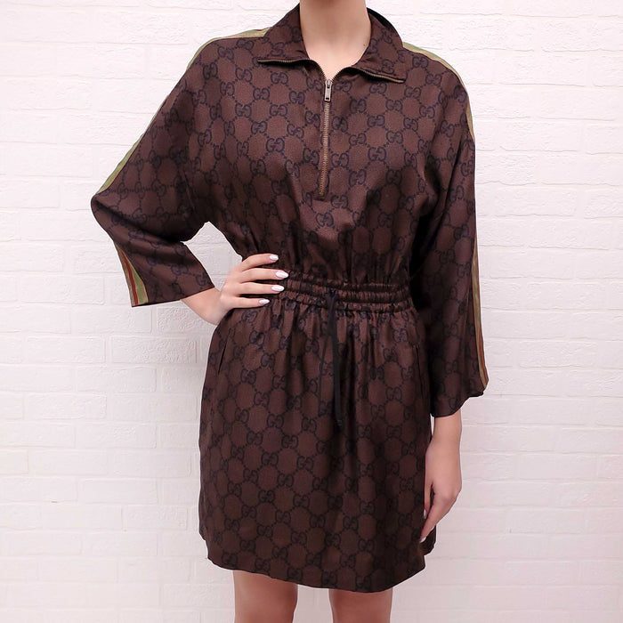 GUCCI 2021 BROWN SILK MONOGRAM DRESS - SIZE M